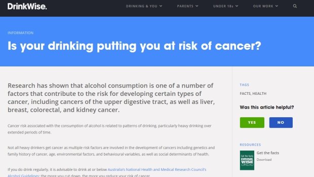 Drinkwise website's health information relating to cancer risk. 
