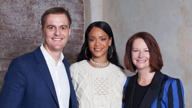 Global Citizen founder Hugh Evans, Rihanna and Julia Gillard at the Global Citizen Festival in 2016.