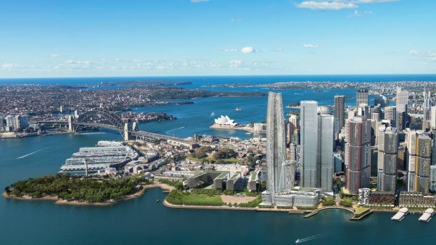 The planned Crown Sydney casino tower at Barangaroo, left.