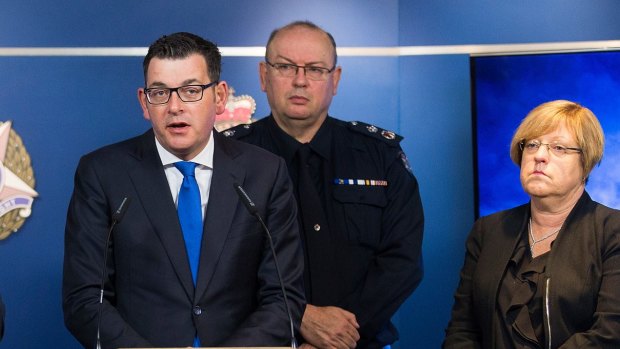 Premier of Victoria Daniel Andrews, Chief Commissioner Graham Ashton and Police Minister Lisa Neville at a press conference on the Brighton siege.