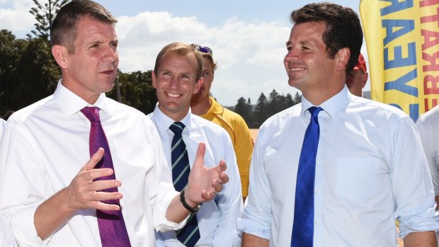 Premier Mike Baird with The Entrance Liberal candidate Michael Sharpe, right, who is battling to win the seat.
