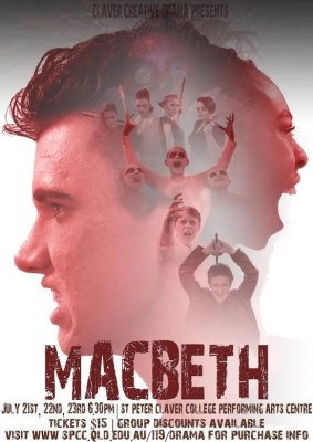 A poster for St Peter Claver College's production of Shakespeare's Macbeth.