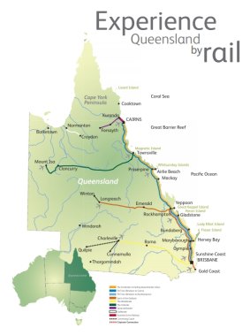 Queensland's regional rail map. The Inlander is shown in dark green and the Westlander in yellow.