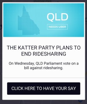 Uber users in Queensland were shown this image when using the service on their mobiles on Wednesday.