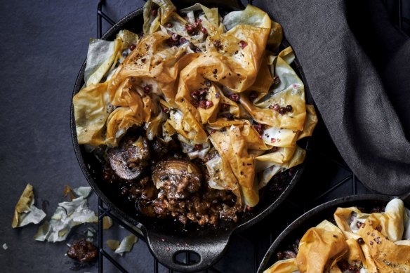 Cheat's meat pies: Beef, caramelised onion and mushroom pot pies.