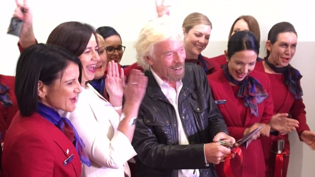 Sir Richard Branson celebrates opening the Virgin terminal with Qld Premier Annastacia Palaszczuk.