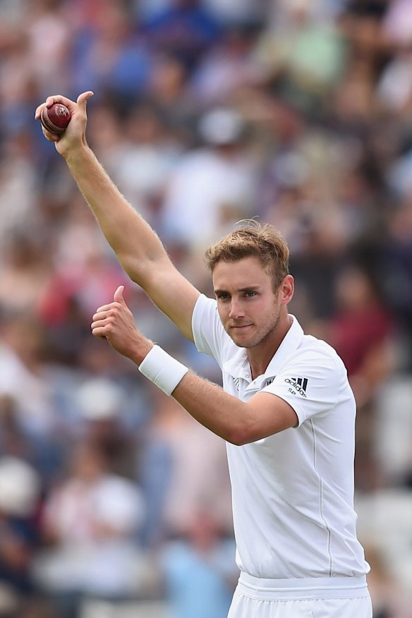 The destroyer: Stuart Broad  gives a thumbs-up.