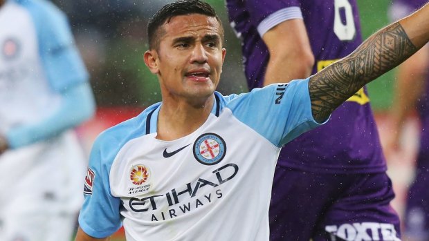 Tim Cahill reacts after a contest against Perth Glory.