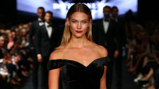 Karlie Kloss showcases designs by Rachel Gilbert on the runway at the David Jones Autumn Winter 2017 Collections Launch at St Mary's Cathedral Precinct.