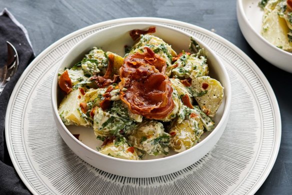 Potato salad with bacon miso mayonnaise and crispy pancetta.