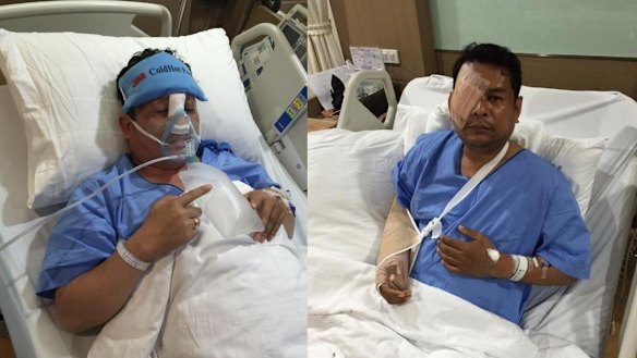 Cambodia National Rescue Party assembly members Kung Sophea and Nhay Chamraoen at a Bangkok hospital after the October attack in Phnom Penh. 