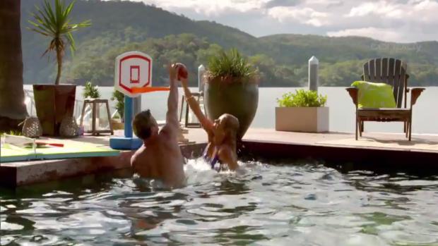 Richie and Faith playing basketball in the pool before a bit of banter.