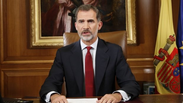 Spain's King Felipe VI delivers a speech on television from Zarzuela Palace in Madrid.