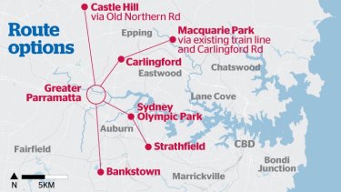 Proposed routes for the Parramatta light rail line.