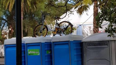 An oBike was left on top of portable toilets in Prahran.