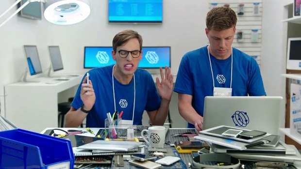 The Samsung YouTube advertisements portray the mishaps of two "genius" employees in an Apple-like store.