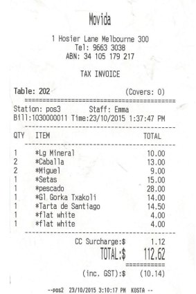 Receipt for lunch with Ian Collie at Movida.