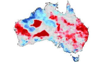 Upper layer soils dry out: red regions are in the 0-20% of average moisture.