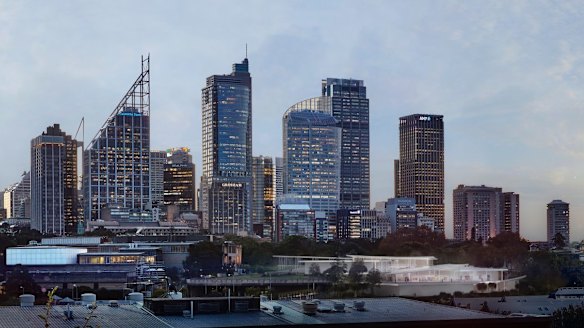 An artist's impression of Sydney Modern Project shows a dusk view from Woolloomooloo.