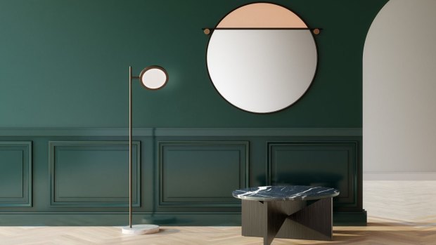 Matter Made's Abal mirror, pictured with Jamie Gray Discus floor light and Affordances coffee table.