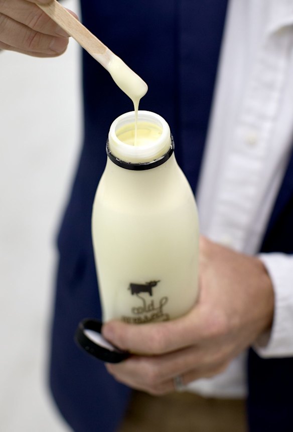 There's a thick layer of cream at the top of the cold-pressed raw milk.