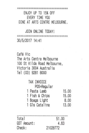 Receipt for lunch with Graeme Murphy, choreographer, at Cafe Vic.