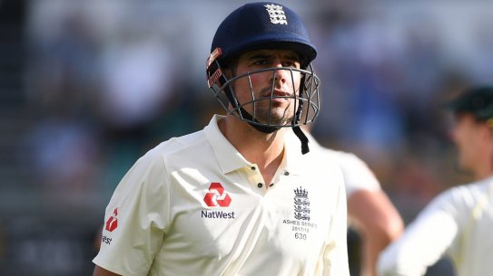 On a mission: Alastair Cook departs after being dismissed by Josh Hazlewood in Brisbane