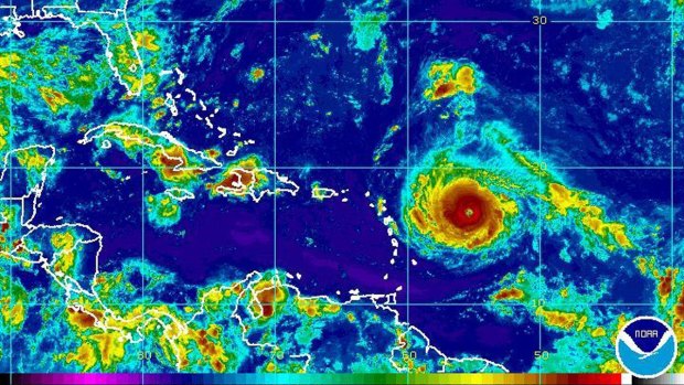 A satellite image provided by the National Oceanic and Atmospheric Administration shows Hurricane Irma nearing the eastern Caribbean.