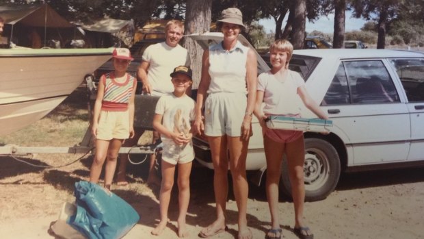 Ruth, Doug, David, Barbara and Kerstin Callum set up camp at Emu Park in 1985.