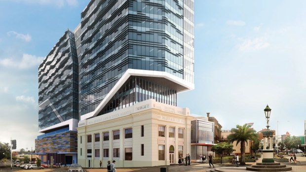 An artist's impression of Quintessential Equity's $90 million office proposal in Geelong that will merge with the historic Dalgety & Co building.