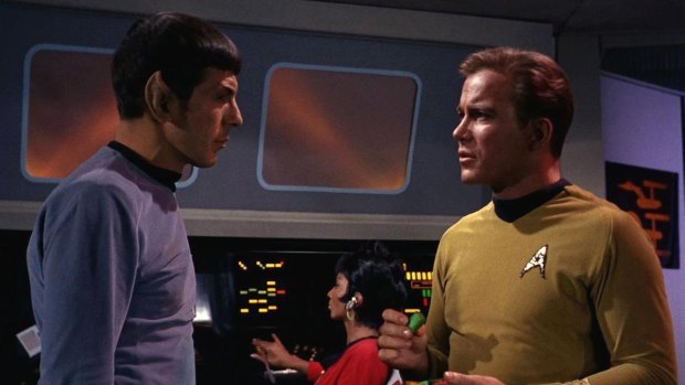To boldy go: Leonard Nimoy as Mr. Spock, Nichelle Nichols as Uhura, William Shatner as Captain James T. Kirk and appear in <i>The Man Trap,</i> the premiere episode of <i>Star Trek,</i> which aired on September 8, 1966. 