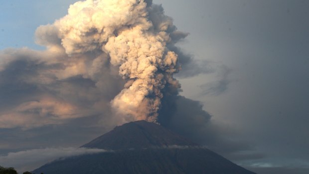 Volcanic ash spews from Mount Agung in Karangasem, Bali, Indonesia.