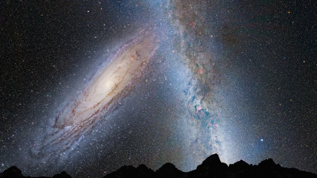 Earth's night sky in 3.75 billion years, with the Andromeda galaxy (left) beginning to distort the distribution of stars in our Milky Way.