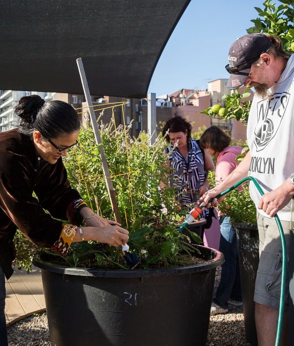 TV chef Kylie Kwong lends a hand at the rooftop garden at the Wayside Chapel.