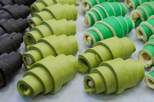 Matcha croissants (centre) ready to be baked at Agathe Patisserie.