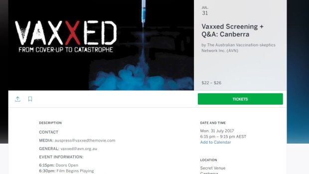 Screen grab of the ticketing portal for the 'Vaxxed' secret screening in Canberra.
