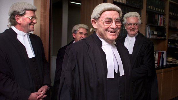 Justice Adrian Smithers and fellow judges in his chambers following his retirement ceremony in 2002.
