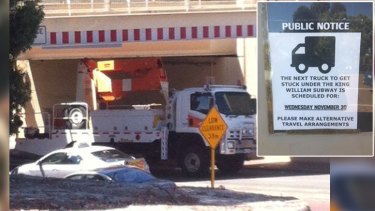 In November a truck got stuck under the bridge - almost as a local joke flyer had predicted.