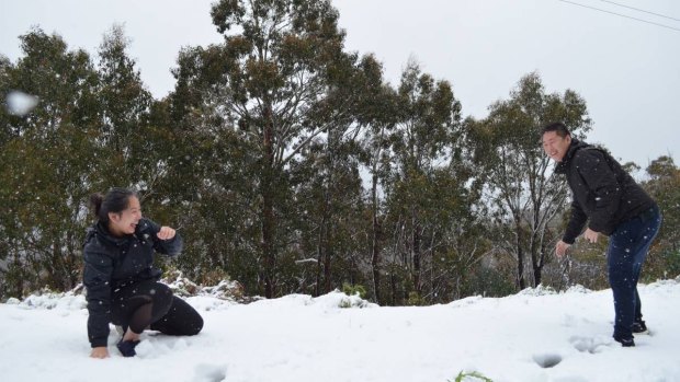 Sally Vo and Eric Huynh, both of Melbourne, enjoy a snow fight on a snowy summer day.