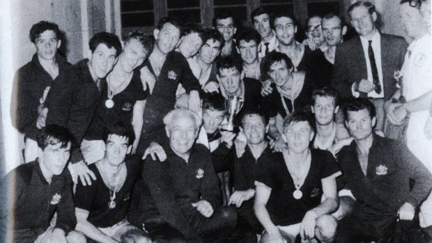 Australia's first ever international soccer trophy, moments after it was presented to the Socceroos by South Vietnamese president Thieu.