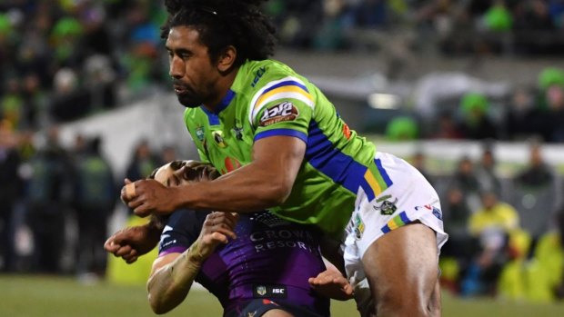 Knockout blow: Sia Soliola took out Billy Slater the last time the Raiders and Storm met.