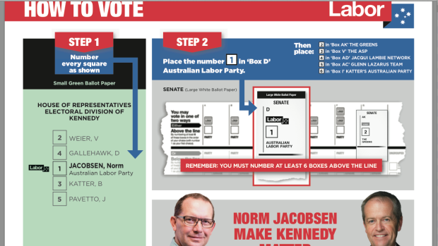 Labor's how-to-vote card in the Queensland seat of Kennedy.