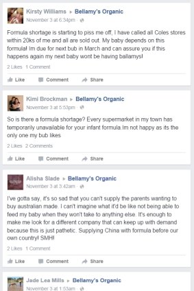 Parents are expressing their outrage at the shortage on Bellamy's Organic's Facebook page.
