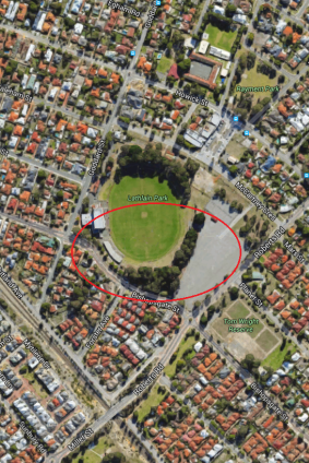 The Urban Tree Network wants a "green corridor developed through through Rayment Park (seen at top) south through Lathlain Park, Tom Wright Reserve, Miller's Crossing, John Bissett reserve and East Victoria Park Primary school (bottom) - but the loss of the entire circled portion of trees would block this opportunity, they say. 