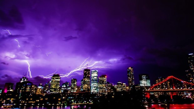 Monday night's storm lights up Brisbane, as seen from New Farm.