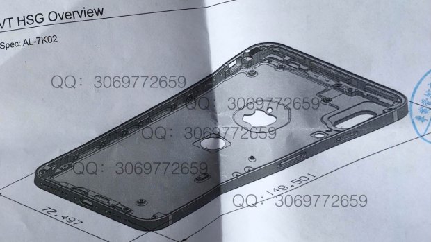 A technical drawing of what appears to be an iPhone.