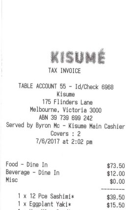 Receipt for lunch at Kisume with BBC presenter Michael Mosley.