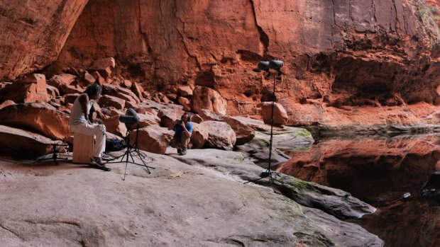 Bart Willoughby records a drum track with field sound recordist and audio engineer, Nick Harrison in at the base of the Cathedral Gorge. 