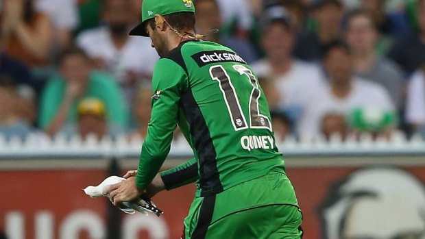 Melbourne Stars fielder Rob Quiney rescues a seagull from the field.