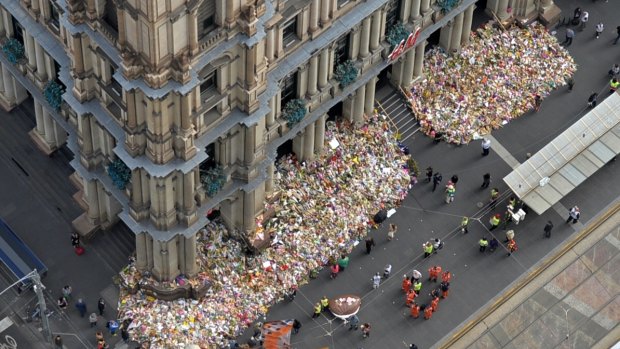 An aerial view of the floral tribute in the Bourke Street Mall. 